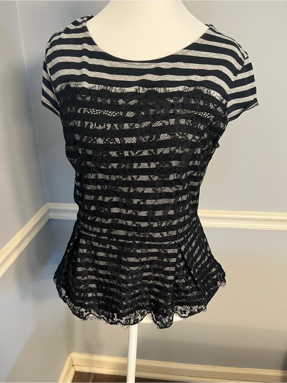 Elle Black and White Striped top with Lace overlay and Peplum Top